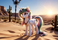 Size: 3072x2112 | Tagged: safe, ai content, derpibooru import, generator:stable diffusion, machine learning generated, princess celestia, alicorn, pony, g4, cactus, cloud, desert, female, flower, flower in hair, horn, mare, palm tree, prompter:kluknawa235, sand, smiling, subsurface scattering, three quarter view, tree, wings