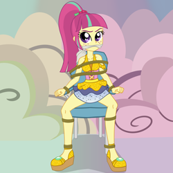 Size: 2500x2500 | Tagged: safe, artist:nie-martw-sie-o-mnie, derpibooru import, part of a set, sour sweet, human, dance magic, equestria girls, g4, bondage, chair, cleave gag, cloth gag, equestria girls specials, female, femsub, freckles, gag, platform shoes, rope, rope bondage, shoes, sitting, solo, submissive