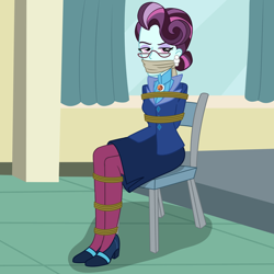 Size: 2000x2000 | Tagged: safe, artist:nie-martw-sie-o-mnie, derpibooru import, part of a set, principal abacus cinch, human, equestria girls, g4, bondage, chair, cloth gag, clothes, eyeshadow, female, femsub, gag, glasses, high heels, makeup, narrowed eyes, pantyhose, rope, rope bondage, shoes, sitting, skirt, solo, submissive