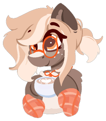 Size: 510x584 | Tagged: safe, artist:rhythmpixel, derpibooru import, oc, oc only, oc:cream latte, earth pony, clothes, coffee, colored ears, female, freckles, glasses, leg warmers, lineless, mare, ribbon, simple background, solo, transparent background