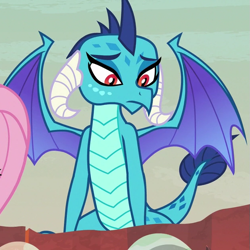 Size: 625x625 | Tagged: safe, derpibooru import, screencap, fluttershy, princess ember, dragon, g4, sweet and smoky, cropped, dragon egg, dragoness, egg, female, solo focus