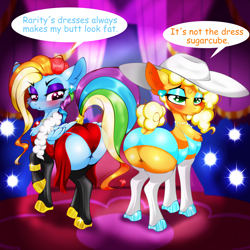 Size: 2500x2500 | Tagged: safe, artist:rurihal, derpibooru import, applejack, rainbow dash, earth pony, pegasus, pony, g4, alternate hairstyle, applebutt, applejack also dresses in style, applejack is not amused, butt, clothes, dress, eyeshadow, female, makeup, plot, rainbow dash always dresses in style, rainbow dash is not amused, rainbutt dash, skirt, tomboy taming, unamused