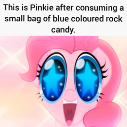 Size: 720x720 | Tagged: safe, artist:trrrebleee, derpibooru import, edit, edited screencap, screencap, pinkie pie, earth pony, g4, my little pony: the movie, breaking bad, candy, caption, food, implied crystal meth, implied drugs, implied meth, meme, rock candy, solo, starry eyes, text, wingding eyes