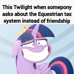 Size: 720x720 | Tagged: safe, artist:trrrebleee, derpibooru import, edit, edited screencap, screencap, twilight sparkle, twilight sparkle (alicorn), alicorn, g4, my little pony: the movie, caption, cropped, meme, smiling, solo, taxes, text