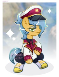 Size: 1290x1688 | Tagged: safe, artist:scarffist, derpibooru import, oc, oc only, earth pony, pony, base used, clothes, commission, cute, green eyes, hat, necktie, short hair, short mane, simple background, solo, sparkles, uniform, uniform hat, ych result