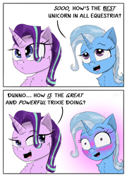 Size: 2000x2778 | Tagged: safe, artist:chopsticks, derpibooru import, starlight glimmer, trixie, pony, unicorn, g4, 2 panel comic, blushing, blushing profusely, cheek fluff, chest fluff, comic, cute, dialogue, diatrixes, duo, duo female, ear fluff, ears, eye clipping through hair, eyebrows, eyebrows visible through hair, female, great and powerful, horn, lesbian, shipping, simple background, smug, smuglight glimmer, startrix, text