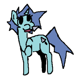 Size: 544x536 | Tagged: safe, derpibooru import, oc, oc only, oc:trowels out, pony, unicorn, blue mane, cute, cutie mark, female, horn, looking away, looking up, mare, messy mane, ms paint, no source available, raised hoof, raised leg, side view, simple background, smiling, solo, solo female, trowel, unicorn oc, white background