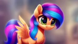 Size: 4096x2304 | Tagged: safe, ai content, derpibooru import, editor:felisamafeles, generator:pony diffusion v6 xl, generator:purplesmart.ai, generator:stable diffusion, machine learning generated, oc, pegasus, pony, blue eyes, blue mane, blue tail, blurry background, chest fluff, cute, ear fluff, ears, female, fluffy, pegasus oc, purple mane, purple tail, smiling, solo, solo female, spread wings, tail, unnamed oc, wings, yellow fur