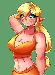 Size: 2369x3240 | Tagged: safe, artist:mylittleyuri, derpibooru import, applejack, human, g4, 2d, applerack, belly, belly button, breasts, cleavage, clothes, elf ears, eyebrows, eyebrows visible through hair, female, freckles, midriff, muscles, muscular female, solo