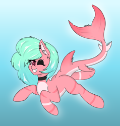 Size: 3000x3145 | Tagged: safe, artist:marbatra, derpibooru import, oc, oc only, oc:minty breeze, original species, shark, shark pony, bubble, choker, crepuscular rays, digital art, dorsal fin, ear fluff, ears, female, fin, fins, fish tail, flowing mane, flowing tail, gills, looking at you, mare, ocean, one eye closed, piercing, scales, smiling, smiling at you, sunlight, swimming, tail, underwater, water, wink, winking at you