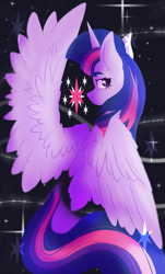 Size: 1433x2370 | Tagged: safe, artist:destiny_manticor, derpibooru import, twilight sparkle, twilight sparkle (alicorn), alicorn, pony, g4, abstract background, cutie mark, dark background, digital art, eyebrows, eyebrows visible through hair, female, horn, long tail, looking at you, looking back, looking back at you, mare, no mouth, partially open wings, sitting, solo, spread wings, stars, tail, wings