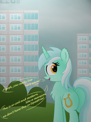 Size: 3016x4032 | Tagged: safe, artist:rainbowšpekgs, derpibooru import, lyra heartstrings, pony, unicorn, g4, building, bush, butt, city, female, grass, horn, implied anon, looking at you, looking back, looking back at you, mare, open mouth, plot, russia, speech bubble, text