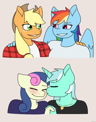 Size: 1450x1850 | Tagged: safe, artist:sivanhe, derpibooru import, applejack, bon bon, lyra heartstrings, rainbow dash, sweetie drops, anthro, pegasus, unicorn, appledash, eyes closed, female, horn, kiss on the cheek, kissing, lesbian, lyrabon, shipping, simple background