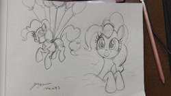 Size: 4080x2296 | Tagged: safe, artist:mrzemano009, derpibooru import, pinkie pie, earth pony, g4, balloon, drawing, female, floating, paper, pencil drawing, then watch her balloons lift her up to the sky, traditional art