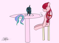 Size: 2560x1855 | Tagged: source needed, safe, artist:sky, derpibooru import, princess celestia, queen chrysalis, oc, oc:laeti, changeling, pony, solo