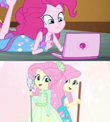 Size: 967x1080 | Tagged: safe, artist:minimonster1232, derpibooru import, edit, edited screencap, screencap, fluttershy, pinkie pie, human, equestria girls, g4, computer, episode needed, female, laptop computer, reaction image