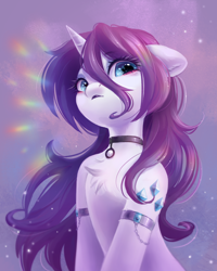 Size: 2400x3000 | Tagged: safe, artist:melodylibris, derpibooru import, rarity, pony, unicorn, g4, 3d cutie mark, abstract background, alternate hairstyle, alternative cutie mark placement, arm cuffs, armband, armlet, blue eyes, blushing, chest fluff, choker, cute, cutie mark eyes, digital painting, draw this in your style, ear fluff, ears, eye clipping through hair, eyebrows, eyebrows visible through hair, eyelashes, female, floppy ears, flowing mane, hair over face, halfbody, high res, horn, human shoulders, jewelry, lineless, lipstick, long mane, looking at you, looking down, looking down at you, loose hair, mare, purple lipstick, purple mane, raribetes, shiny mane, shoulder cutie mark, slender, solo, sparkles, sparkly background, thin, unicorn horn, wavy mane, white coat, wingding eyes