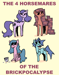 Size: 610x774 | Tagged: safe, derpibooru import, oc, oc only, oc:cinderbottom, oc:mortar mare, oc:pestle please, oc:trowels out, earth pony, pegasus, pony, unicorn, blue mane, brick, brick booty, brick butt, bricks, cute, cutie mark, earth pony oc, female, forced meme, group, horn, lidded eyes, looking at you, looking away, looking up, mare, mischievous, missing cutie mark, mortar, ms paint, no source available, pegasus oc, pestle, purple mane, quartet, red mane, simple background, sitting, smiling, standing, teal mane, text, trowel, unicorn oc, yellow background