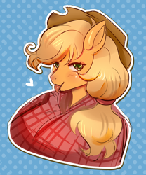 Size: 2700x3250 | Tagged: safe, artist:cutievarka, derpibooru import, applejack, anthro, earth pony, g4, :p, bust, clothes, female, flannel, hat, heart, high res, lidded eyes, looking at you, mare, outline, shirt, smiling, smiling at you, solo, tongue, tongue out, white outline