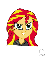 Size: 1620x2160 | Tagged: source needed, safe, artist:funnypancake, derpibooru import, sunset shimmer, human, equestria girls, g4, boots, bust, clothes, high heel boots, jacket, portrait, shirt, shoes, simple background, skirt, solo, white background