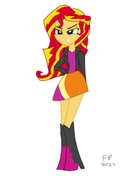 Size: 1620x2160 | Tagged: source needed, safe, artist:funnypancake, derpibooru import, sunset shimmer, human, equestria girls, g4, boots, clothes, high heel boots, jacket, shirt, shoes, simple background, skirt, solo, white background