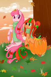 Size: 1728x2592 | Tagged: safe, artist:watermelonna, derpibooru import, oc, oc only, oc:laeti, changeling, changepony, hybrid, pony, 2013, clothes, duo, leaves, old art, pumpkin, scarf, shared clothing, shared scarf, tree