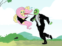 Size: 4800x3600 | Tagged: safe, anonymous artist, artist:ponny, derpibooru import, fluttershy, oc, oc:anon, human, pegasus, pony, g4, assertive, blushing, clothes, drawthread, dress, duo, duo male and female, female, flying, human oc, male, mare, mouth hold, necktie, pulling, request, requested art, stumbling, suit