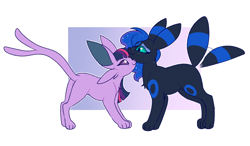 Size: 1156x677 | Tagged: safe, artist:lulubell, derpibooru import, princess luna, twilight sparkle, g4, butt, chest fluff, crossover, duo, duo female, espeon, ethereal mane, eyeshadow, female, freckles, freckluna, gradient background, lesbian, looking at each other, looking at someone, makeup, passepartout, paws, plot, pokémon, shipping, simple background, sparkly mane, species swap, split tail, tail, tail wag, twiluna, umbreon, white background