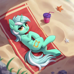 Size: 2048x2048 | Tagged: safe, ai content, derpibooru import, generator:pony diffusion v6 xl, generator:stable diffusion, machine learning generated, lyra heartstrings, pony, unicorn, g4, anonymous prompter, beach, butt, female, horn, looking at you, lying down, mare, on side, plot, smiling, solo