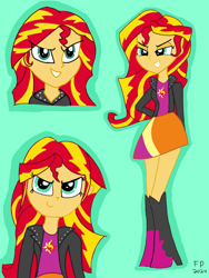 Size: 1620x2160 | Tagged: safe, artist:funnypancake, derpibooru import, sunset shimmer, human, equestria girls, g4, boots, clothes, green background, high heel boots, jacket, shirt, shoes, simple background, skirt, solo