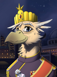 Size: 2000x2692 | Tagged: safe, artist:twotail813, derpibooru import, oc, oc only, oc:grover vi, griffon, equestria at war mod, blue eyes, bridge, bust, city, clothes, crown, glasses, griffon oc, houses, jewelry, looking at you, medals, monarch, night, night sky, older, older grover vi, palace, portrait, regalia, sky, skyscraper, stars, three quarter view