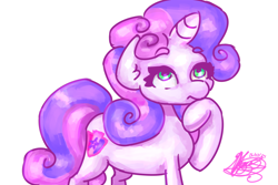 Size: 3600x2400 | Tagged: safe, artist:mannybcadavera, derpibooru import, sweetie belle, pony, unicorn, g4, eyebrows, eyebrows visible through hair, female, filly, foal, high res, hoof on chin, horn, looking up, signature, simple background, solo, thinking, white background