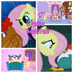 Size: 1280x1280 | Tagged: safe, artist:xxxkayceejrxxx, derpibooru import, edit, edited screencap, screencap, apple bloom, fluttershy, scootaloo, sweetie belle, bird, chicken, cockatrice, earth pony, pegasus, pony, unicorn, g4, season 1, stare master, bed, carousel boutique, cutie mark crusaders, female, filly, fluttershy's bedroom, foal, horn, hush now quiet now, mare, speed lines, stare, the stare