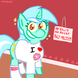 Size: 1280x1280 | Tagged: safe, artist:vaporammy, derpibooru exclusive, derpibooru import, lyra heartstrings, pony, unicorn, g4, background pony, clothes, donut, excited, excitement, eyelashes, female, food, heart, horn, looking at you, mare, shirt, sign, smiling, smiling at you, socks, sparkly eyes, stars, t-shirt, wingding eyes