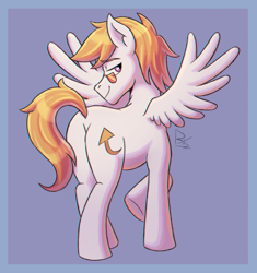 Size: 2124x2263 | Tagged: safe, artist:bkiltersot, derpibooru import, oc, oc only, oc:lightpoint, pegasus, pony, blue background, butt, glasses, looking at you, looking back, looking back at you, male, missing accessory, passepartout, pegasus oc, plot, raised hoof, raised leg, seductive, seductive look, simple background, solo, spread wings, stallion, wings