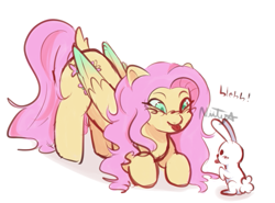 Size: 663x490 | Tagged: safe, artist:h3yooo, derpibooru import, angel bunny, fluttershy, pegasus, pony, rabbit, g4, animal, duo, raspberry, simple background, tongue, tongue out, white background