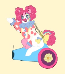 Size: 552x628 | Tagged: safe, artist:nuggetpunks2, derpibooru import, pinkie pie, earth pony, pony, g4, alternate hairstyle, clown, clown makeup, clown outfit, looking at you, open mouth, open smile, party cannon, smiling, solo, waving