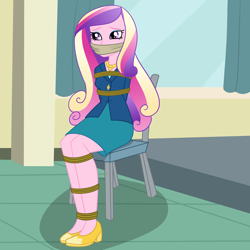 Size: 2000x2000 | Tagged: safe, artist:nie-martw-sie-o-mnie, derpibooru import, part of a set, dean cadance, princess cadance, human, equestria girls, g4, bondage, bound and gagged, chair, cloth gag, clothes, female, femsub, gag, high heels, rope, rope bondage, shoes, sitting, skirt, solo, submissive