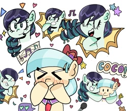 Size: 2003x1759 | Tagged: safe, artist:fluttereinites, derpibooru import, coco pommel, coloratura, earth pony, g4, blushing, eyes closed, female, hug, kissy face, lesbian, microphone, music notes, open mouth, open smile, ship:cocotura, shipping, singing, smiling