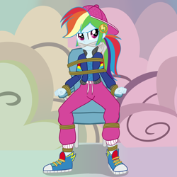 Size: 2000x2000 | Tagged: safe, artist:nie-martw-sie-o-mnie, derpibooru import, part of a set, rainbow dash, human, dance magic, equestria girls, g4, backwards ballcap, baseball cap, bondage, bound and gagged, cap, cleave gag, cloth gag, clothes, dashsub, equestria girls specials, female, femsub, gag, hat, jacket, pants, rope, rope bondage, shoes, sneakers, solo, submissive, sweatpants, tied to chair