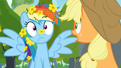 Size: 1779x1000 | Tagged: safe, artist:blue-skiees, derpibooru import, edit, edited screencap, screencap, applejack, rainbow dash, earth pony, pegasus, pony, g4, the perfect pear, appledash, episode needed, female, flower, flower in hair, lesbian, pear tree, scene interpretation, shipping, spread wings, surprised, tree, wide eyes, wings