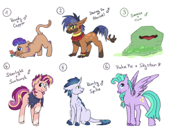 Size: 1700x1300 | Tagged: safe, artist:ruushiicz, derpibooru import, oc, oc only, oc:bob, oc:evening glint, oc:royal blue, oc:seashell, oc:singular, oc:tepoz, dracony, hybrid, pony, unicorn, blaze (coat marking), cargo ship offspring, coat markings, facial markings, female, flower, horn, interspecies offspring, magical lesbian spawn, male, mare, offspring, parent:ahuizotl, parent:capper dapperpaws, parent:daring do, parent:pinkie pie, parent:princess skystar, parent:rarity, parent:smooze, parent:spike, parent:starlight glimmer, parent:sunburst, parent:tom, parents:capperity, parents:darizotl, parents:skypie, parents:sparity, parents:starburst, simple background, socks (coat marking), stallion, white background