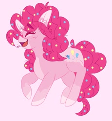 Size: 1177x1280 | Tagged: safe, artist:tw1pie, derpibooru import, pinkie pie, earth pony, pony, g4, eyes closed, open mouth, pink background, simple background, solo