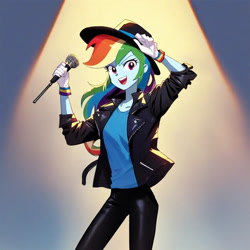 Size: 1024x1024 | Tagged: safe, ai content, derpibooru import, machine learning generated, rainbow dash, human, equestria girls, g4, clothes, fedora, female, feminism, hat, jacket, leather jacket, leather trousers, michael jackson, microphone, prompter:hollaholla69, rainbow dash always dresses in style, shirt, solo, stage, t-shirt