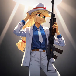 Size: 1024x1024 | Tagged: safe, ai content, derpibooru import, machine learning generated, applejack, human, equestria girls, g4, fedora, female, gun, hat, michael jackson, prompter:hollaholla69, solo, weapon