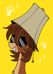 Size: 2080x2896 | Tagged: source needed, safe, artist:horselamp, derpibooru import, oc, oc only, oc:lampy, chest fluff, hat, lamp, lampshade, lampshade hat, sharp teeth, simple background, smiling, solo, sunglasses, teeth, yellow background