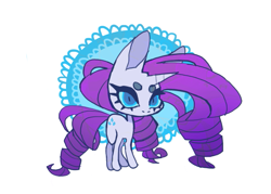 Size: 739x528 | Tagged: safe, artist:cutesykill, derpibooru import, rarity, pony, unicorn, g4, beanbrows, big ears, big head, big mane, blue eyes, blue sclera, chibi, circle background, colored eyebrows, colored pinnae, colored sclera, ears, eyebrows, gradient mane, gradient tail, horn, lace, long mane, long tail, no mouth, purple mane, purple tail, ringlets, simple background, slit eyes, small horn, standing, tail, thick eyebrows, three quarter view, unicorn horn, white background