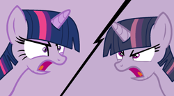 Size: 1280x710 | Tagged: safe, artist:miatdm, artist:twilyisbestpone, derpibooru import, mean twilight sparkle, twilight sparkle, twilight sparkle (alicorn), alicorn, pony, g4, angry, base used, clone, duality, duo, duo female, evil clone, female, mare, open mouth, purple background, self paradox, self ponidox, simple background, twolight, yelling