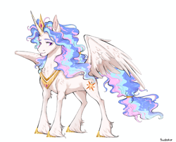 Size: 1280x1029 | Tagged: safe, artist:swabakar, derpibooru import, princess celestia, alicorn, pony, g4, alternate cutie mark, alternate design, alternate mane color, alternate tail color, chest fluff, colored eyebrows, colored pinnae, concave belly, curly hair, curly mane, curly tail, ethereal mane, ethereal tail, female, fetlock tuft, high res, hock fluff, hoof shoes, horn, lidded eyes, long feather, long horn, looking back, mare, partially open wings, peytral, pink eyes, princess shoes, purple pupils, redesign, signature, simple background, smiling, solo, standing, tail, three quarter view, three toned mane, three toned tail, tied tail, wavy mane, wavy tail, white background, wings