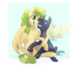 Size: 2675x2375 | Tagged: safe, artist:shaslan, derpibooru import, oc, oc only, changeling, pegasus, pony, carapace, changeling oc, colored pupils, commission, duo, fangs, green eyes, green mane, green pupils, green tail, heterochromia, hug, looking at each other, looking at someone, one wing out, open mouth, open smile, passepartout, pegasus oc, raised hoof, raised leg, shiny mane, shiny tail, sitting, smiling, tail, wings, yellow coat